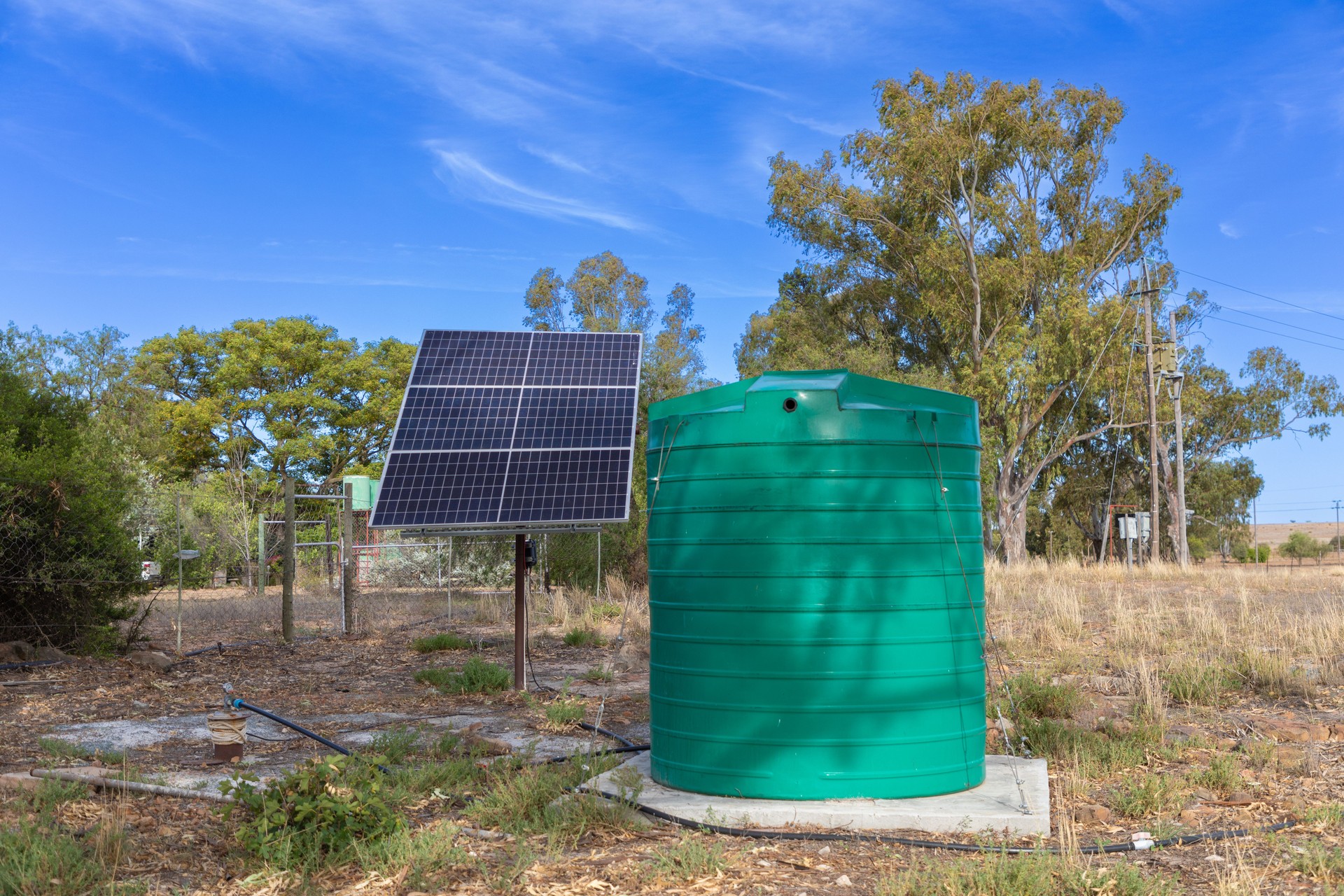 Borehole water pumped with solar power.